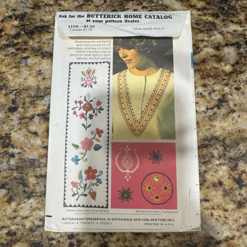 Vintage Butterick 4106 Embroidery Transfers Ethnic Floral Motifs One Size